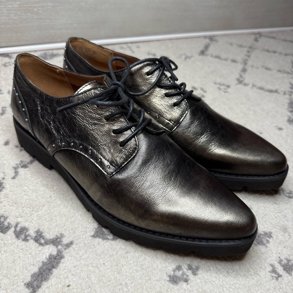 FRANCO SARTO Conroe Pewter Metallic Studded Lace Up Preppy Dark Academia Loafers - Picture 1 of 7